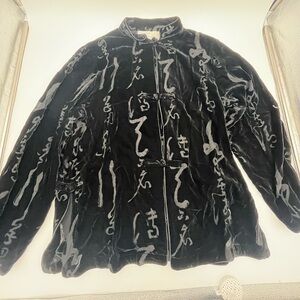 Black Velvet burnout artsy tunic aJacket with Asian Script Whimsigoth size Med